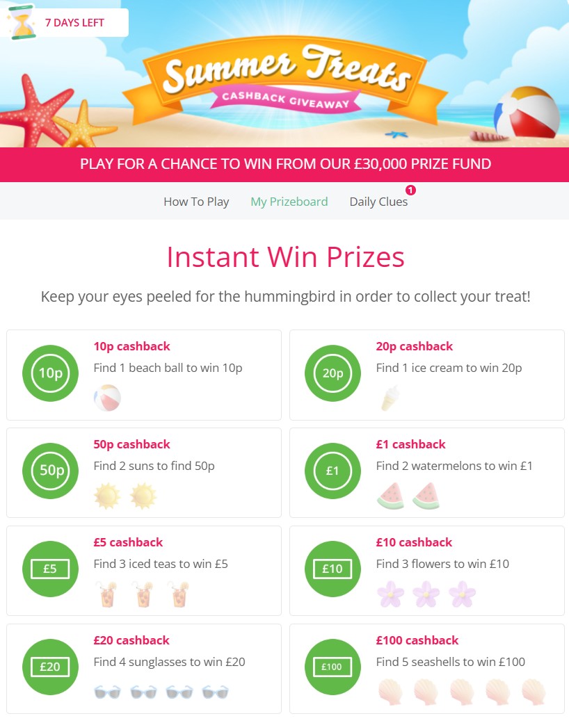 TopCashback Summer Treats 2025 relaunch prizeboard