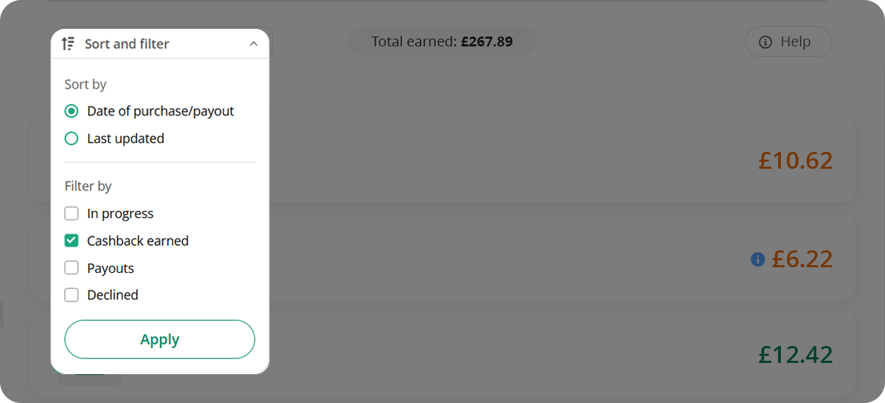 Earnings page filter