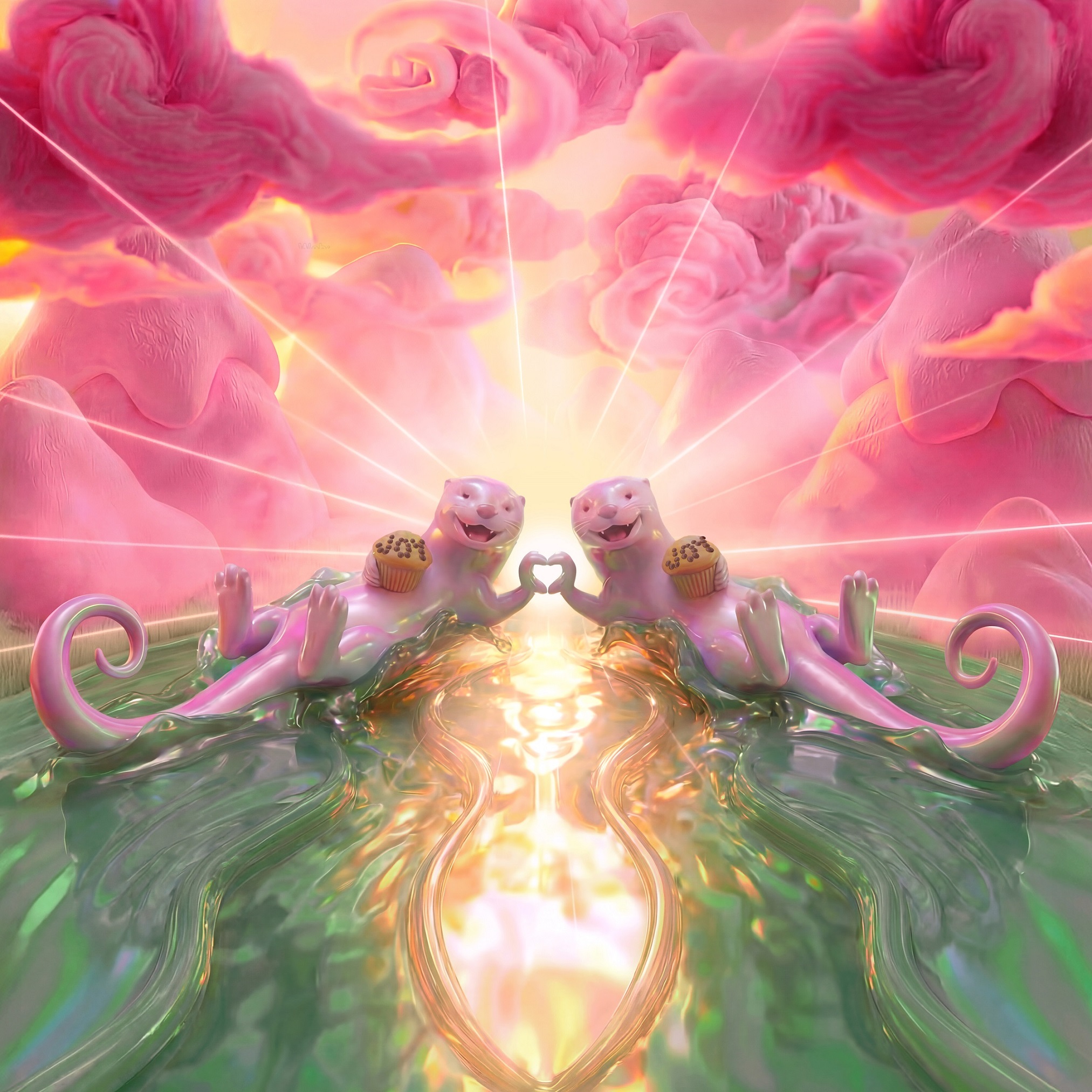 Two glossy otter-like creatures making a heart with their paws.