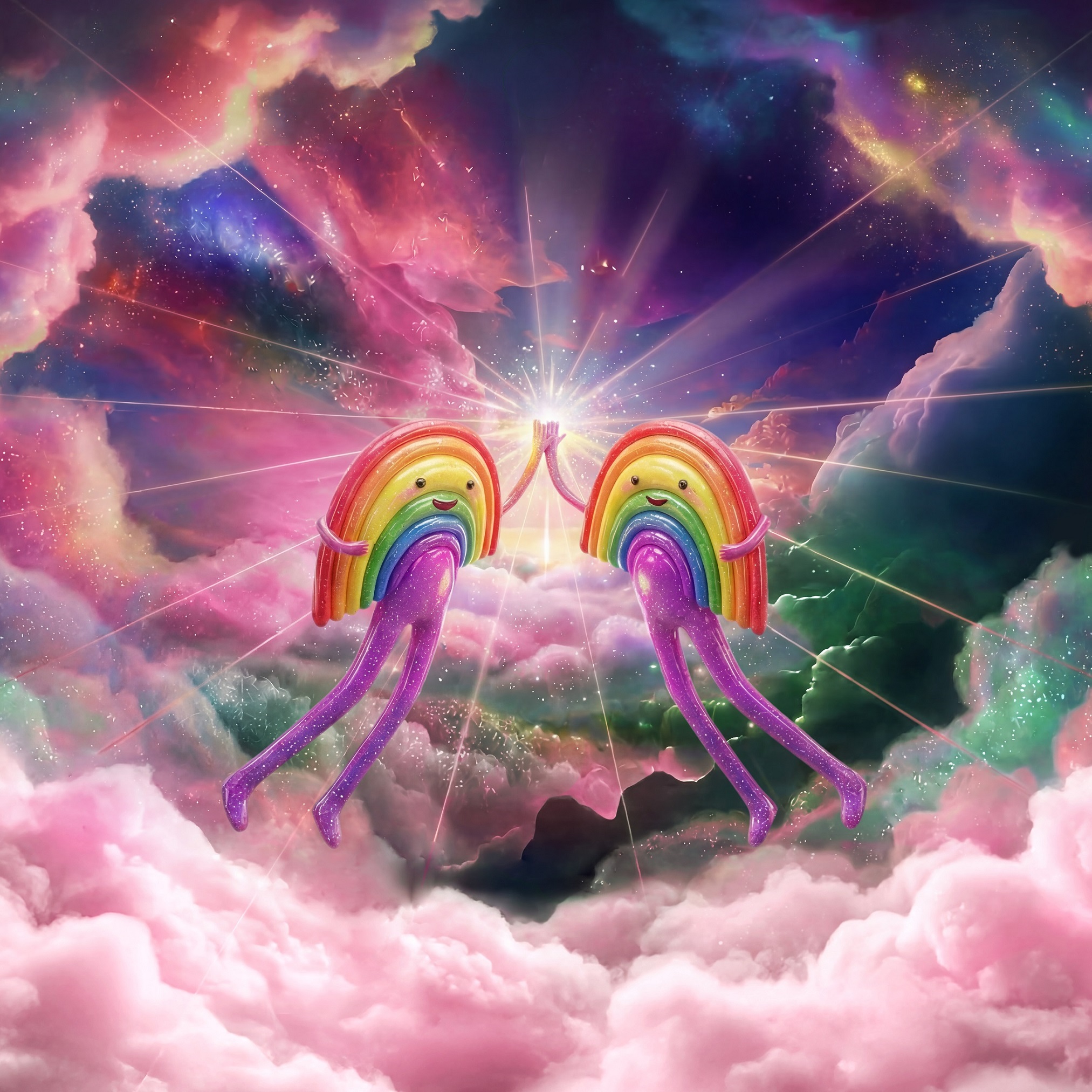 Two rainbow characters high-fiving above pink clouds.