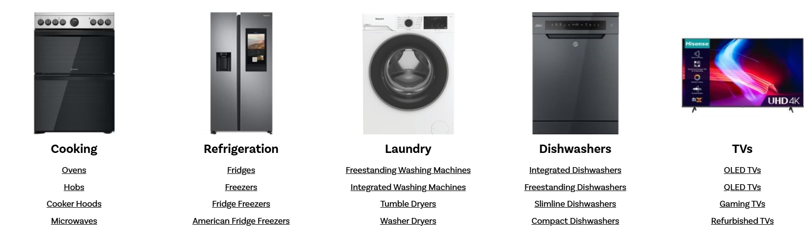 An image showing the categories available at Appliances Direct