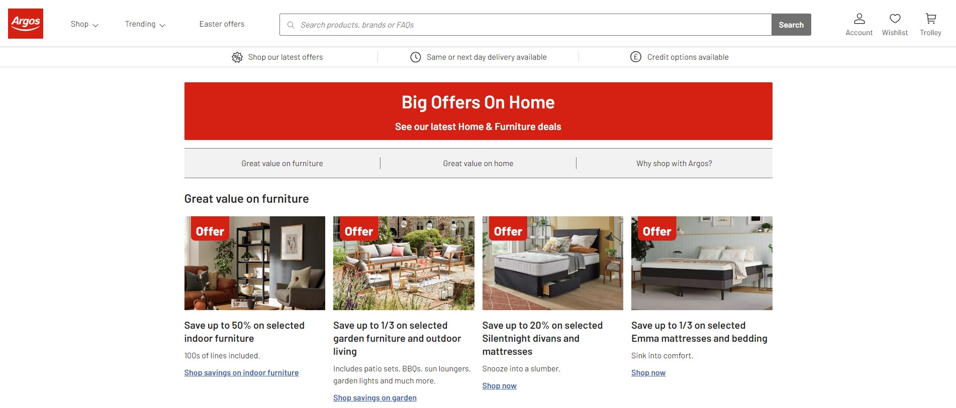 Screenshot of Argos home and garden products