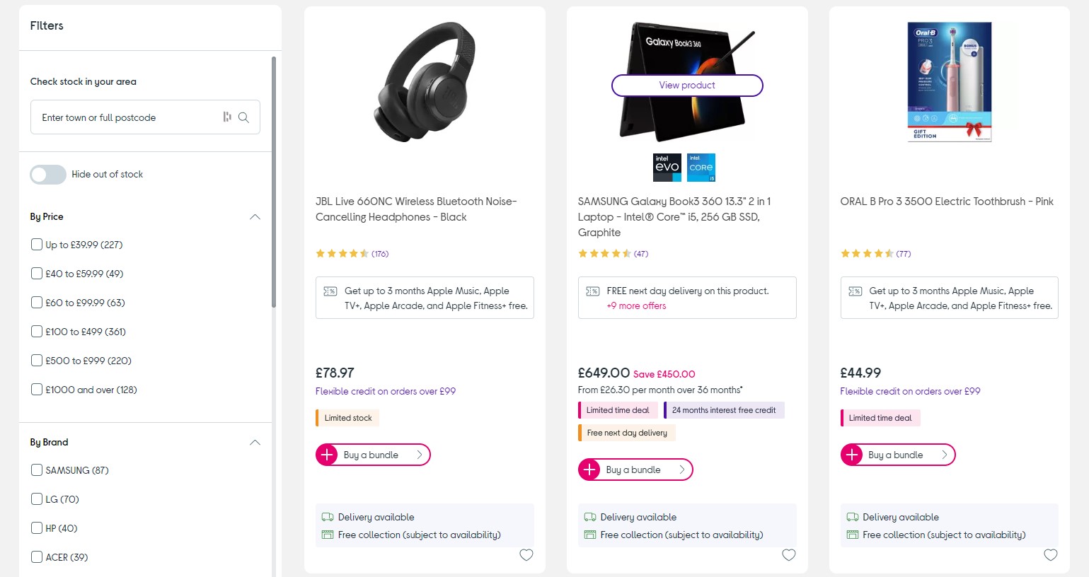 Screenshot of Currys clearance products