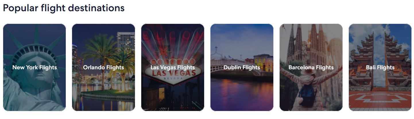 Expedia popular flight destinations including New York, Orlando and Bali