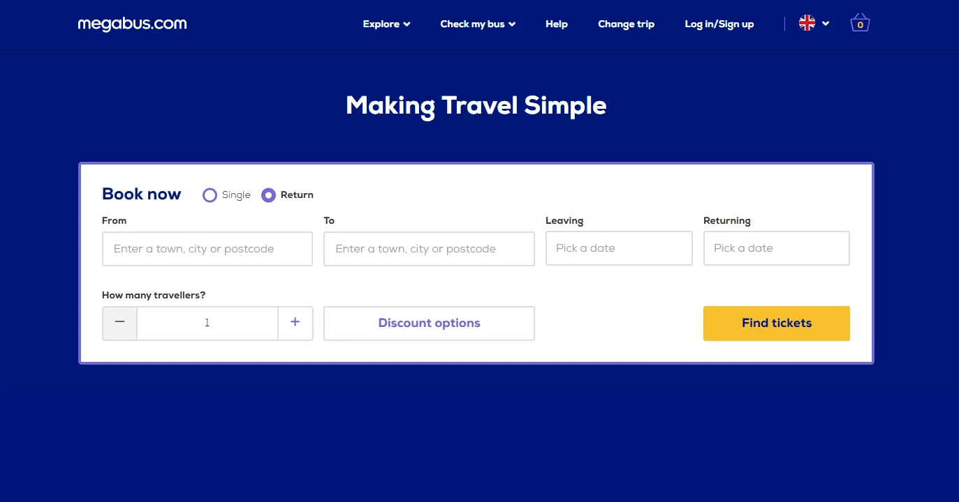 Megabus homepage screenshot