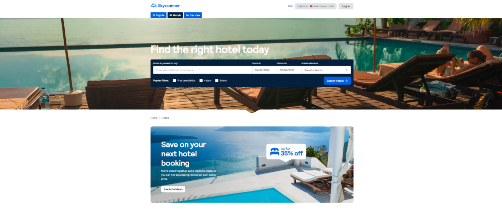 Screenshot of Skyscanner homepage for a hotel search