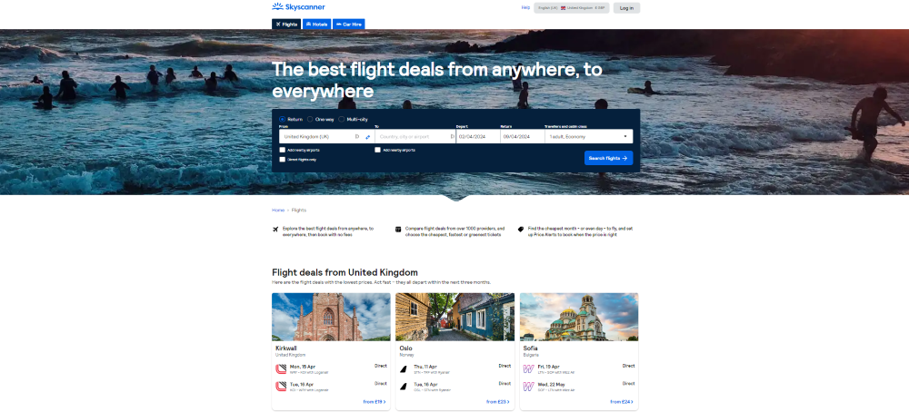 Screenshot of Skyscanner homepage for a flight search
