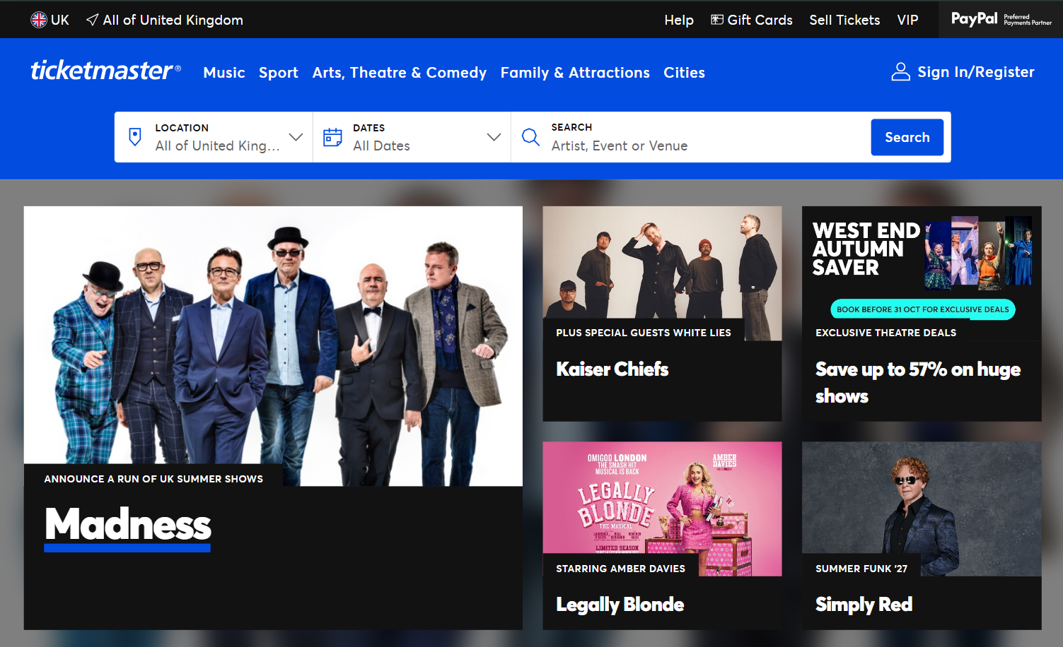 Ticketmaster homepage