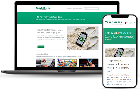 A laptop and a mobile phone, both showing the Money Guides homepage