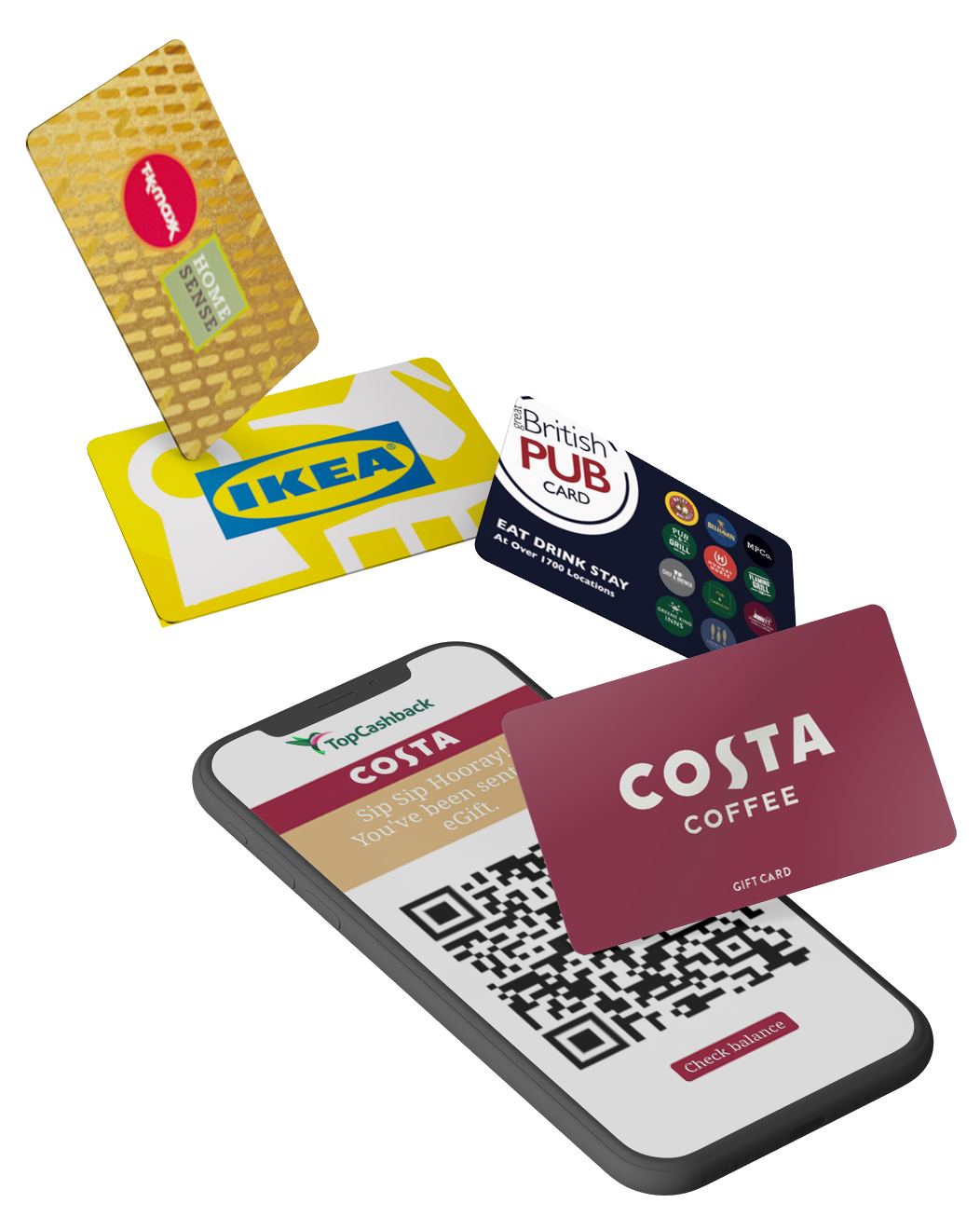 A phone with an example QR code on it, with a TkMaxx, IKEA, British Pubs Card and Costa Coffee gift card floating above it.