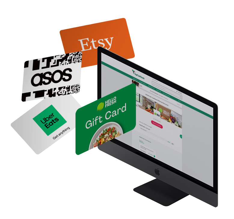 A computer monitor showing an example website. There is an Etsy, ASOS, Uber Eats and HelloFresh gift card floating in front of it.