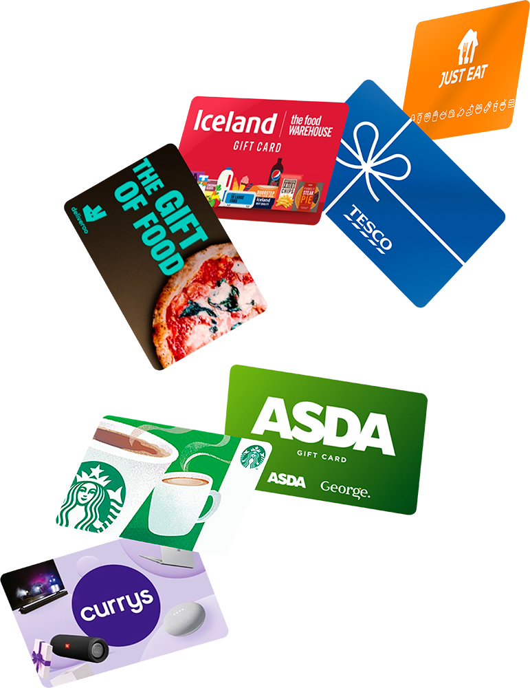 Several gift cards, including: Iceland, Tesco, Deliveroo, Asda, Starbucks and more